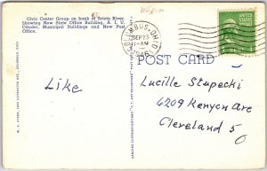Columbus Ohio, 1946 Civic Center Group, Buildings, River Reflections, Postcard