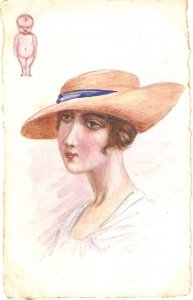 P. Portrait of a lady.  Rare  Old vintage Italian, artist drawn postcard