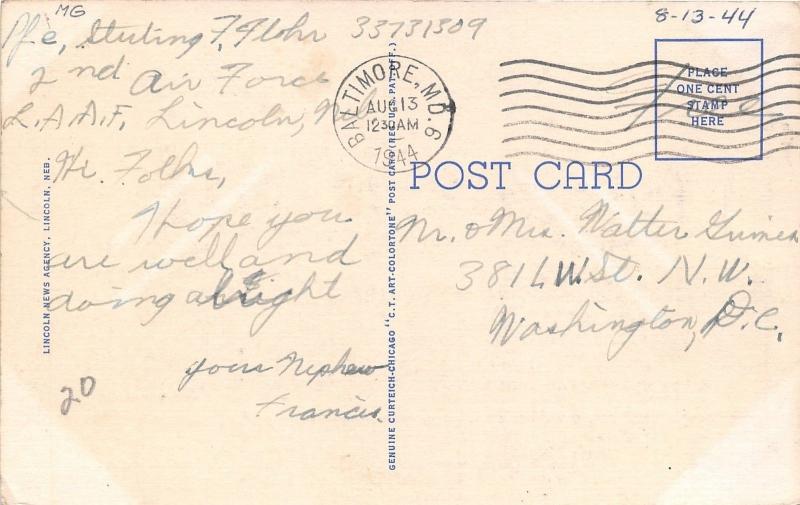 Lincoln Nebraska Large Letter Linen~Scenes in Letters~1944 Postcard