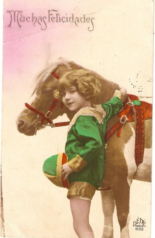 Little girlo with her horse Old vintage French photo postcard