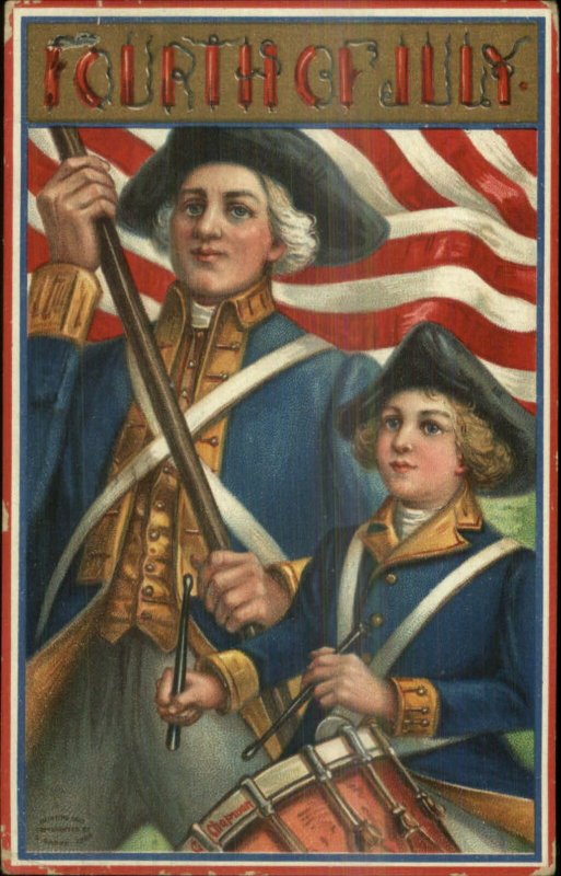 4th Fourth of July Revolationary Drummer Boy American Flag c1910 Postcard