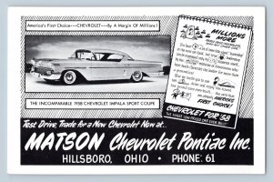 1957 Matson Chevrolet Dealership Hillsboro OH Oversize UNP Advertising Postcard