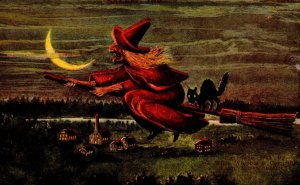 Salem Witch Flying Left Postcard Bat Black Cat Crescent Moon Willis Wipple 1908 