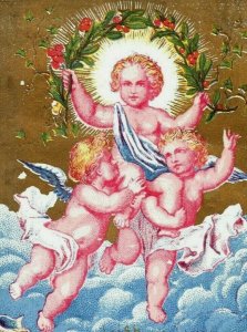 1870's Wanamaker & Brown Christmas Card Three Angels Cherubs Sky Fab! P166