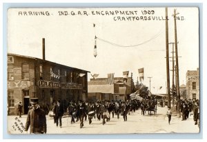 1909 Arriving Indiana G.A.R. Encampment Crawfordsville IN RPPC Photo Postcard 