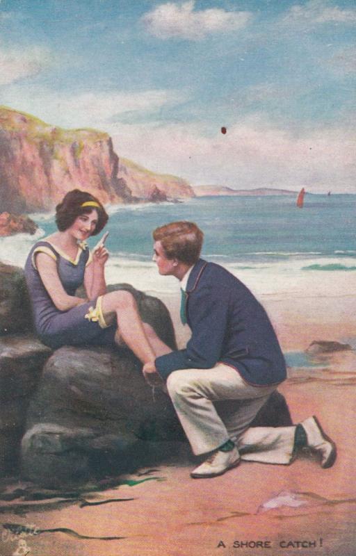 Pebbles On The Beach English Glamour Beach Babe Tucks Oilette Antique Postcard 2