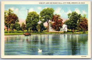 Vtg Greenville Ohio OH Lake View & Music Hall City Park 1930s Linen Postcard