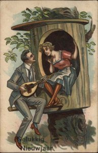 New Year Fantasy Birdhouse Romance Beautiful Woman Man & Guitar c1920s Postcard