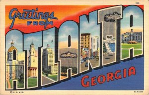 Beautiful Linen Large Letter, Atlanta, Georgia, GA, Msg,  CT Publ, Old Postcard