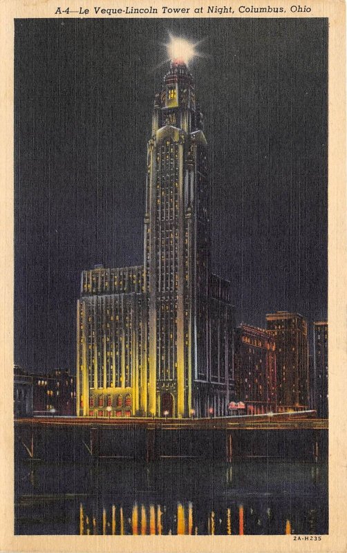 Columbus Ohio 1940s Postcard Le Veque-Lincoln Tower at Night