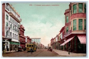 c1910 J. Street Trolley Classic Cars Buildings Sacramento California CA Postcard 