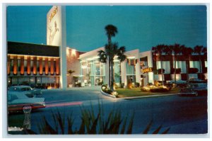 c1950's Night Scene Along Motel Row Cars Miami Beach Florida FL Vintage Postcard 