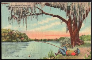 32520) FL All's Peaceful along the Suwannee River little black boy fishing Linen