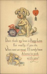 Puppy Love Dogs Play w/ Bone Romance Poem Crying c1915 Postcard