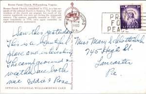 Bruton Parish Church Williamsburg Virginia VA Postcard PM Clean Cancel WOB Note  