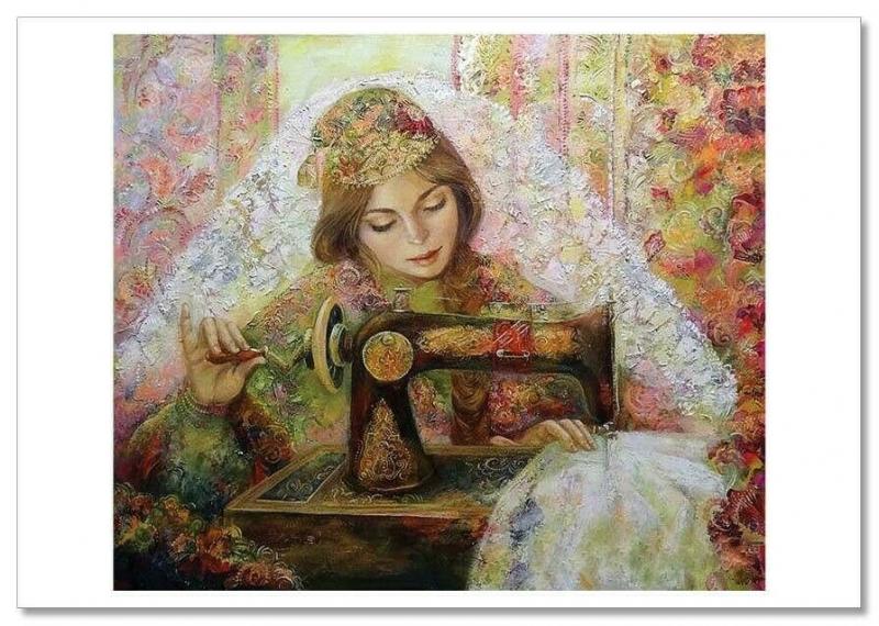 BEAUTY WOMAN in Fashion Costume SEWING Machine Ethnic Modern Postcard