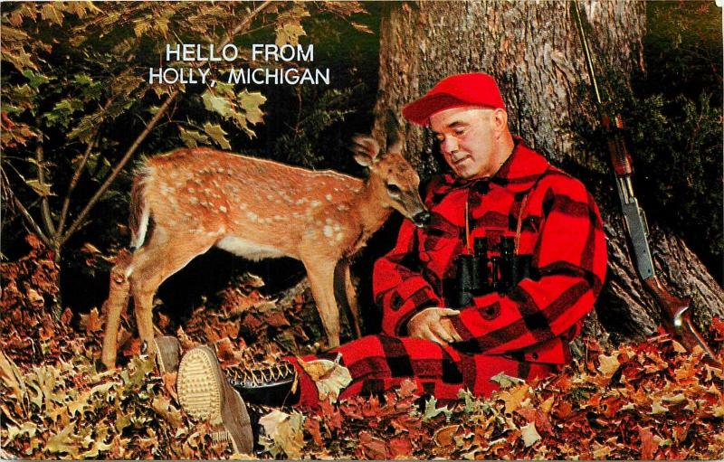 Hello from  Holly Michigan Sleepy Hunter in Red Plaid Young Buck Deer Postcard