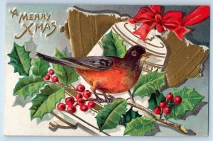 Christmas Postcard Song Bird Ringing Bells Holly Berries Embossed Nash c1910's