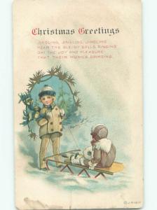 Pre-Linen christmas GIRL RIDES ON SLED PULLED BY BOY k1276