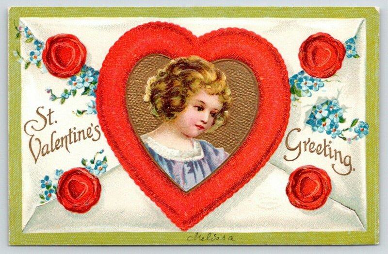 Clapsaddle Valentine~Curly Blonde Girl~Red Gold Heart~Wax Seals~Envelope~Emboss