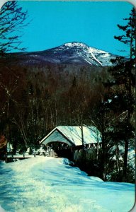 Covered Bridge in Winter Flume Bus Road New Hampshire  NH  Chrome Postcard C1