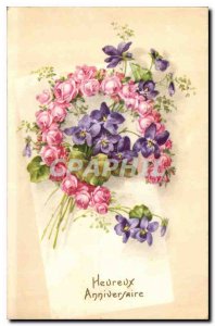 Old Postcard Happy Birthday Flowers Horseshoe