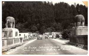 RPPC Postcard  Douglass Bridge Klamath California Old Cars Chinook Center Signs