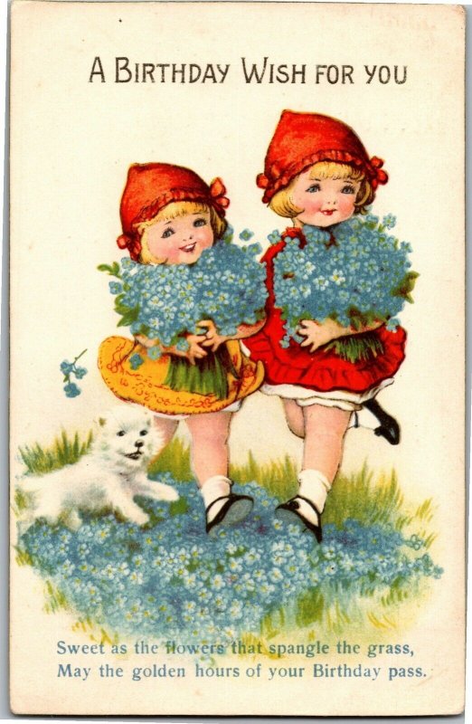 Birthday Wish Girls with Red Caps White Dog Forget Me Nots c1933 Postcard S15