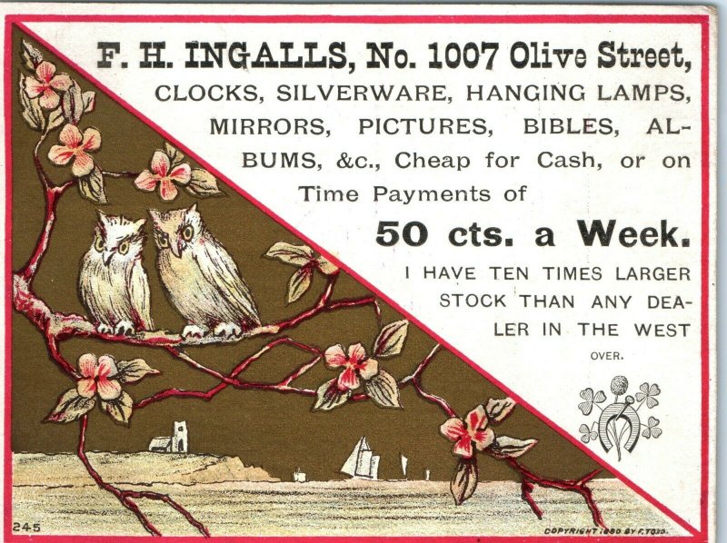 1880 St Louis, Mo. Cute Owl Couple Ingalls Clock Lamp Trade Card Olive Bird C26