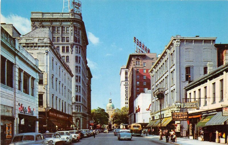 Savannah Georgia 1950s Postcard Bull Street from Wright Square Cars Shops Bus