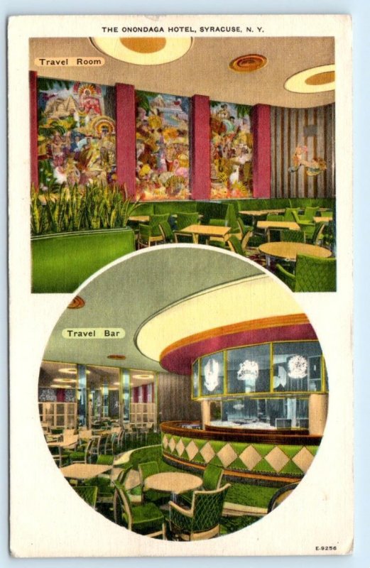 2 Postcards SYRACUSE, NY ~ Travel Room ONONDAGA HOTEL Travel Bar c1940s Linen