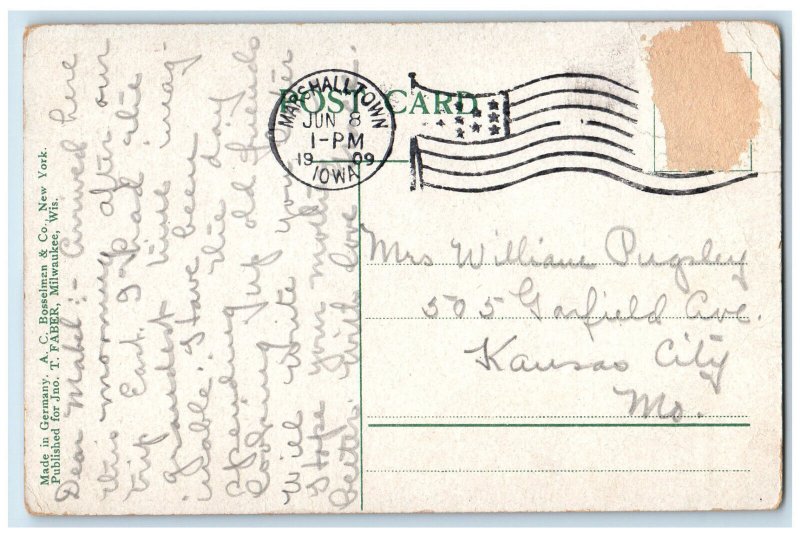 1909 US Flag, Government Building, Marshalltown, Iowa IA Antique Postcard 