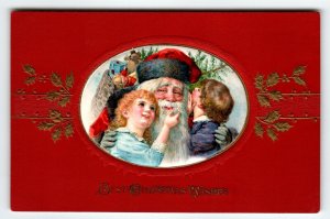 Santa Claus Christmas Postcard John Winsch Back Children Germany Embossed Oval