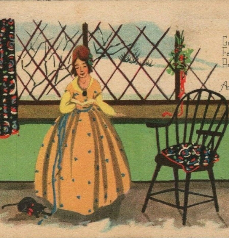 Christmas Greetings Cat Women Dress Chair Window Curtain Postcard  