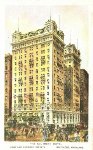 Vintage Postcard 1920's Southern Hotel Light & Redwood Sts. Baltimore Maryland