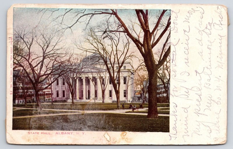 1906 State Hall Albany New York NY Park Benches Trees Shades Posted Postcard