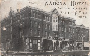 Postcard Kansas Salina National Hotel Paull & Foil Props. Drug Store ~1910 V195