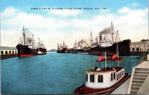 VINTAGE POSTCARD STEAMERS LOADING COTTON AT THE ALABAMA STATE DOCKS MOBILE ALA