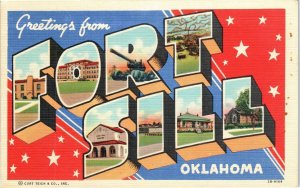 1940s Fort Sill Oklahoma Greetings From Red,White & Blue Linen Postcard A6 