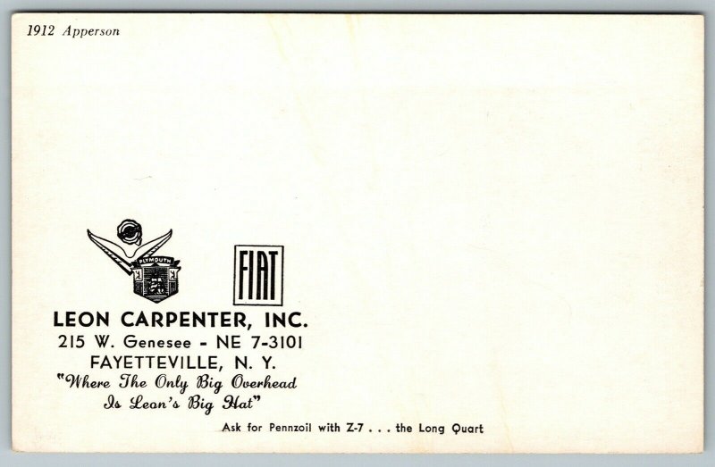 Postcard Automobile Leon Carpenter Fiat Advert Fayetteville 1912 Apperson