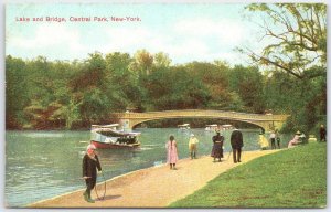 Vintage Central Park Lake and Bridge New York Linen Postcard Made in Germany