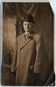 c1920s Nashville TN RPPC Handsome Man Bowler Hat Real Photo Violet Postcard A111