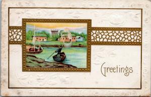 Greetings - embossed - unposted - picture of boats, village