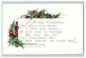 c.1910 Merry Christmas Lovely Berries Poem Holly Vintage Postcard P51
