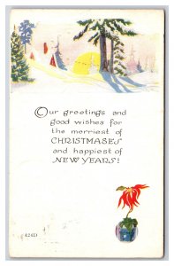 Merriest Christmas Happiest New Year Lnadscape Poinsettia DB Postcard A16