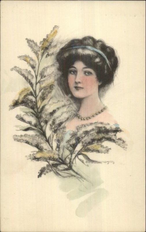 Beautiful Woman & Flowers HR BOEHM c1910 Hand Colored Postcard