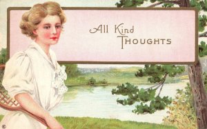 Vintage Postcard All Kind Thoughts Beautiful Woman Water Lake Background Scene