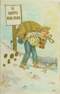 Circa 1910 New Years Sack of Gold Coins Boy Embossed Vintage Postcard P54