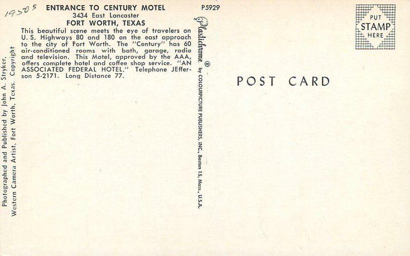 Entrance Century Motel 1950s Fort Worth Texas roadside Stryker postcard 1723