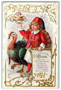 1911 Thanksgiving Menu Chef Boy And Turkey Embossed Nash Antique Postcard